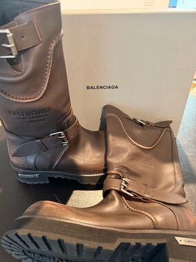 Balenciaga Brown Leather Engineer Boots with Buckles
